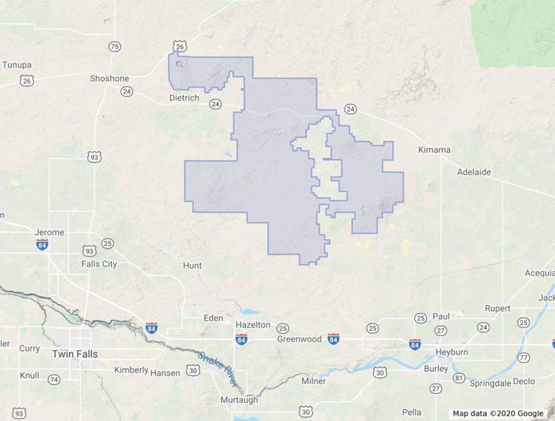 Idaho’s biggest wind farm, the Lava Ridge Wind Project, would span three Magic Valley counties. The proposed project area is highlighted in purple.