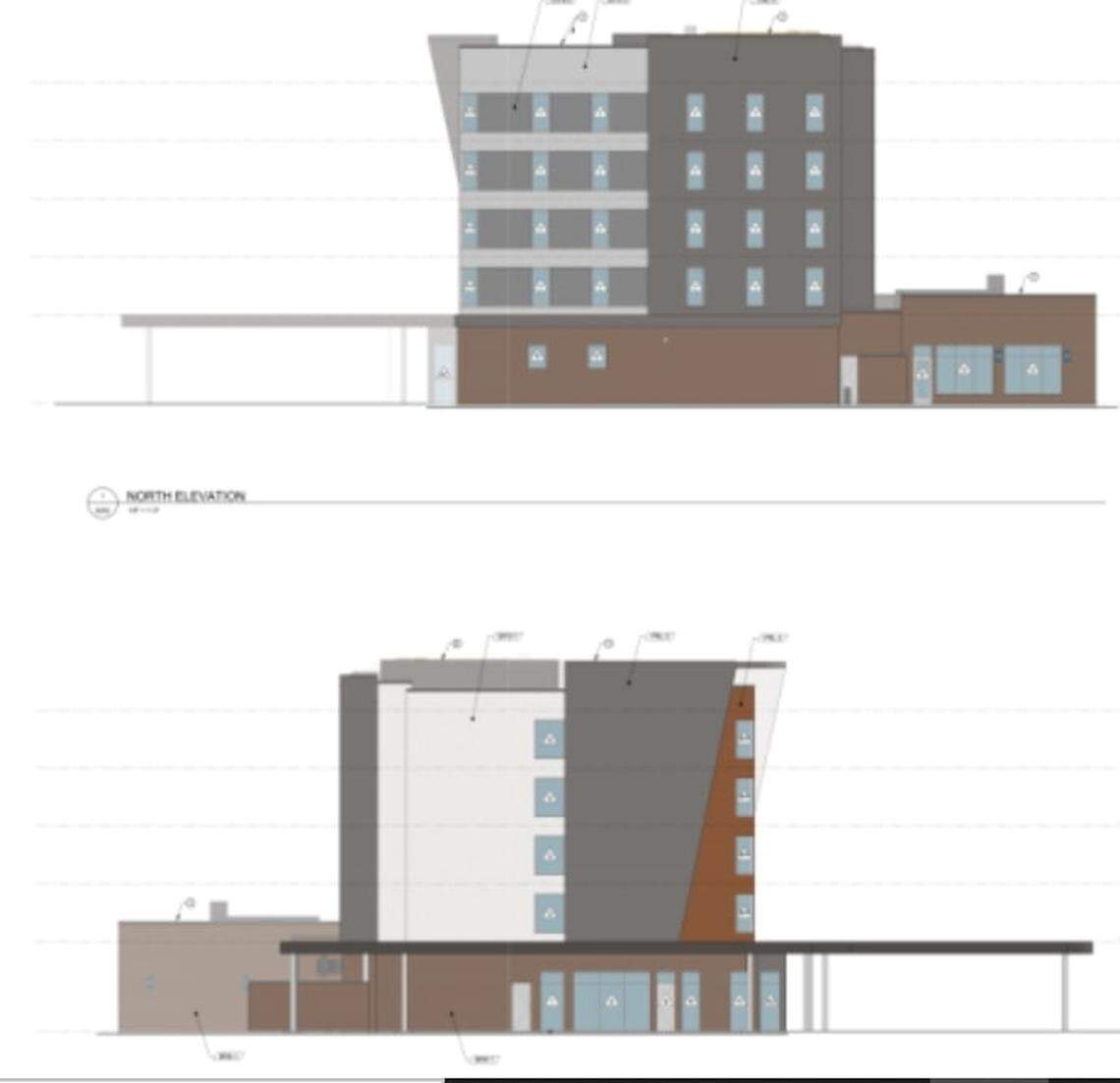 The north and south views of the proposed Hyatt Place in Eagle View Landing. The application said the hotel would have a “Main Street-like feel.”