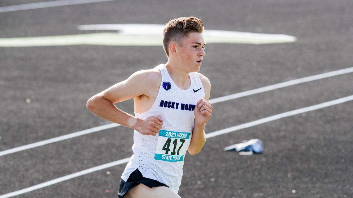 Landon Heemeyer of Rocky Mountain comes in first in the boys 3,200 meters race at the 5A state meet last May at Mountain View High School.