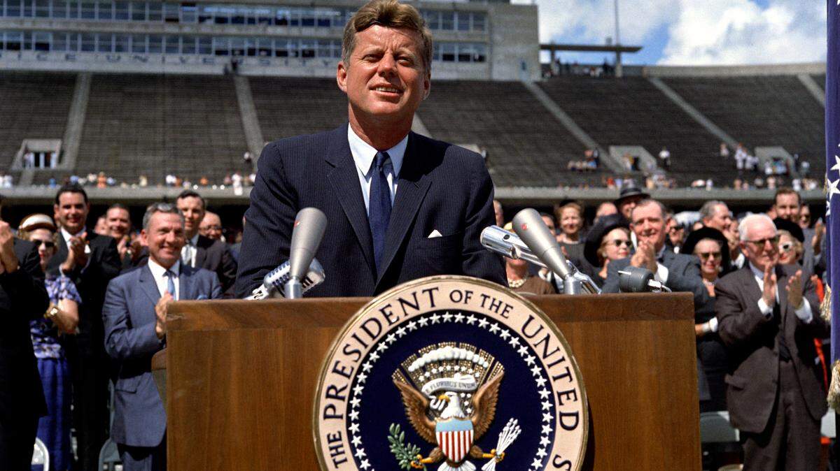 President John F. Kennedy gives an address on Sept. 12, 1962, at Rice University in Houston, Texas, on the nation’s space effort, pledging to put a man on the moon by the end of the decade.