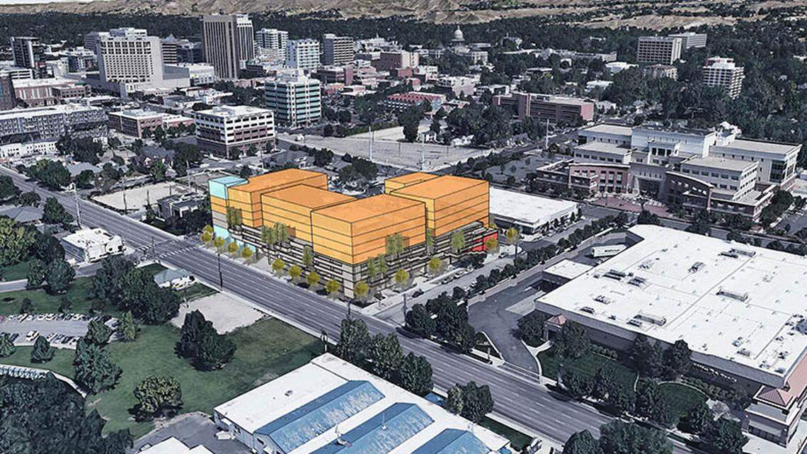 River Caddis Development Corp. of East Lansing, Michigan, plans to build an eight-story building with housing, ground-floor retail businesses and interior parking at 3rd and Myrtle streets. The location is across the street from George’s Cycles and a block south of the Ada County Courthouse.