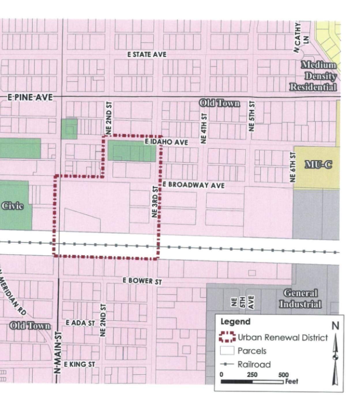 The new Meridian Union District will be located across Main Street from the Meridian City Hall.