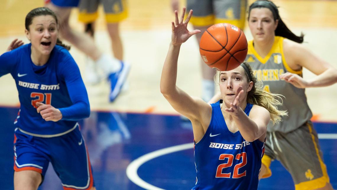 Boise State guard Ellie Woerner hustles to save the ball from going out of bounds during the Broncos’ 67-48 win over Mountain West foe Wyoming on Feb. 5, 2020, at ExtraMile Arena.