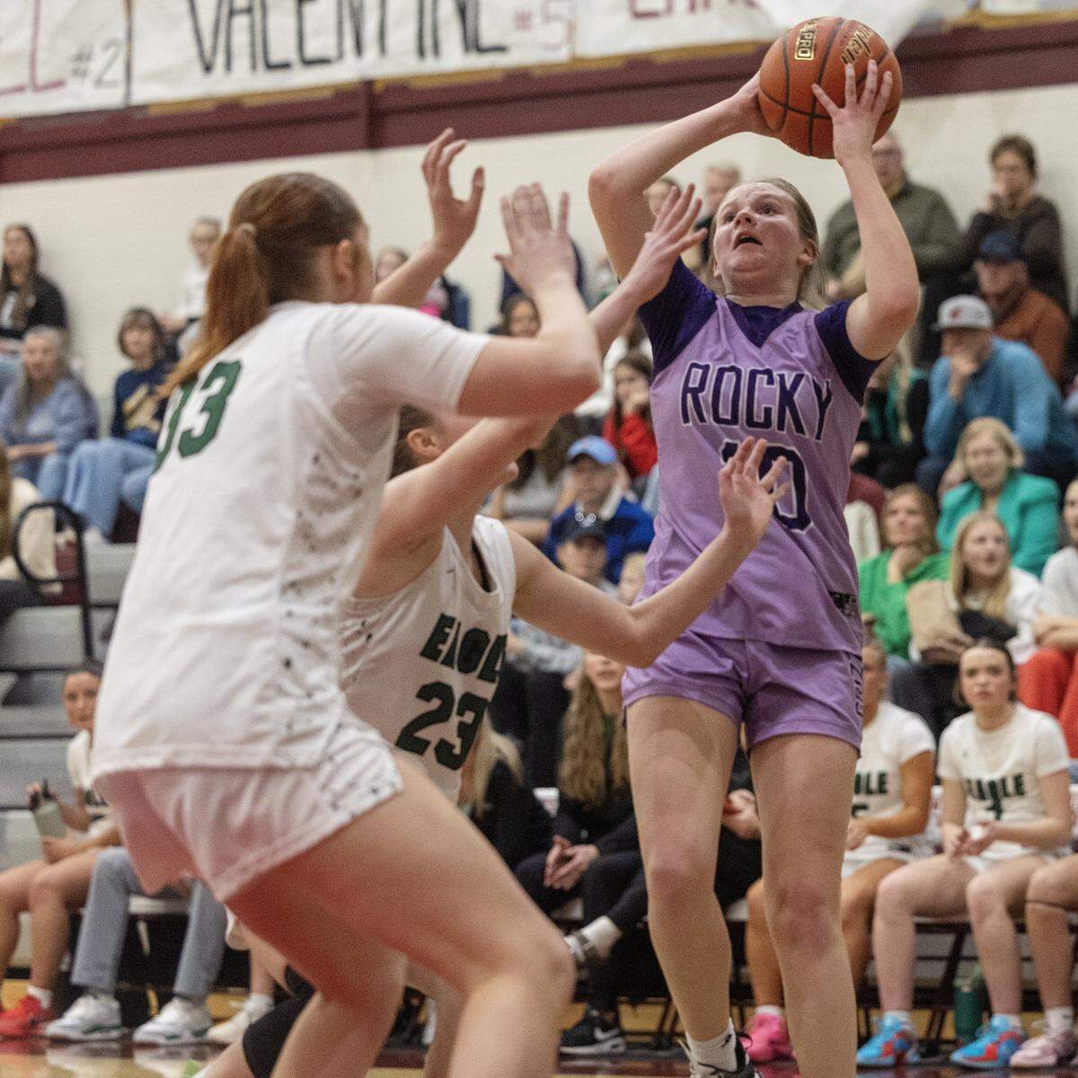 Rocky Mountain junior Liv Sangsland shoots a basket against Eagle during the semifinals of the 6A District Three girls basketball tournament held at Centennial High School, Saturday, Feb. 7, 2026.