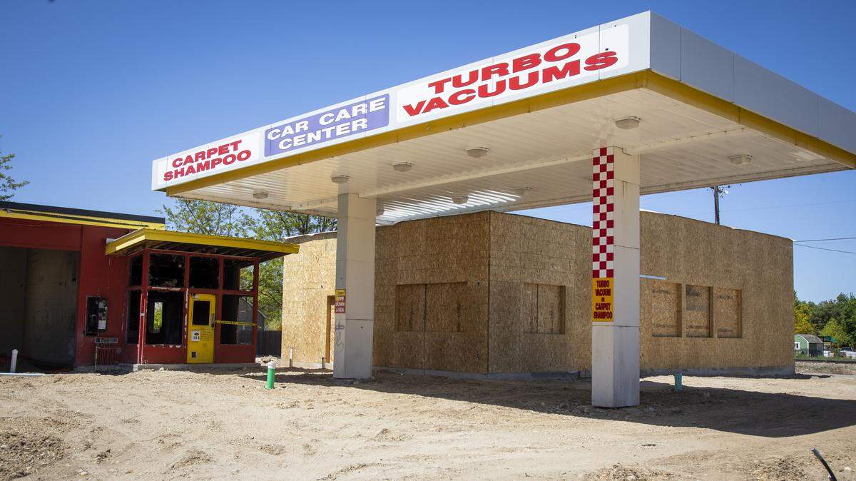 Three food-and-drink spots redeveloped the old Like-Nu Car Wash but kept the old-school fuel pump canopy.