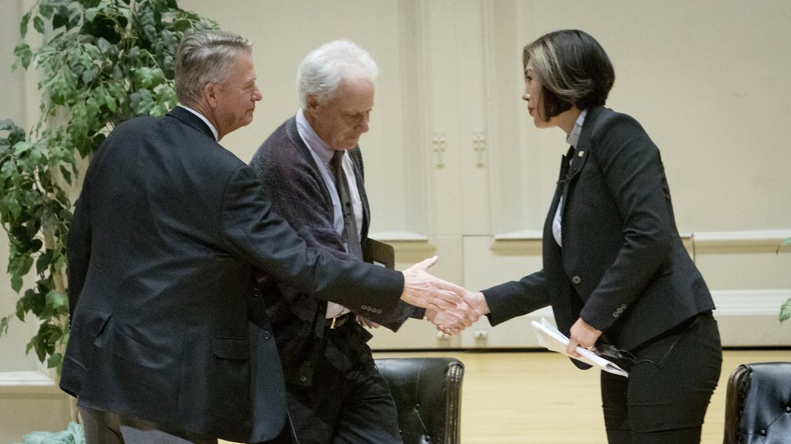 From left: Republican Brad Little, moderator Jasper LiCalzi and Democrat Paulette Jordan shake hands after a gubernatorial forum Oct. 2, 2018, at The College of Idaho’s Langroise Center for Performing and Fine Arts in Caldwell.