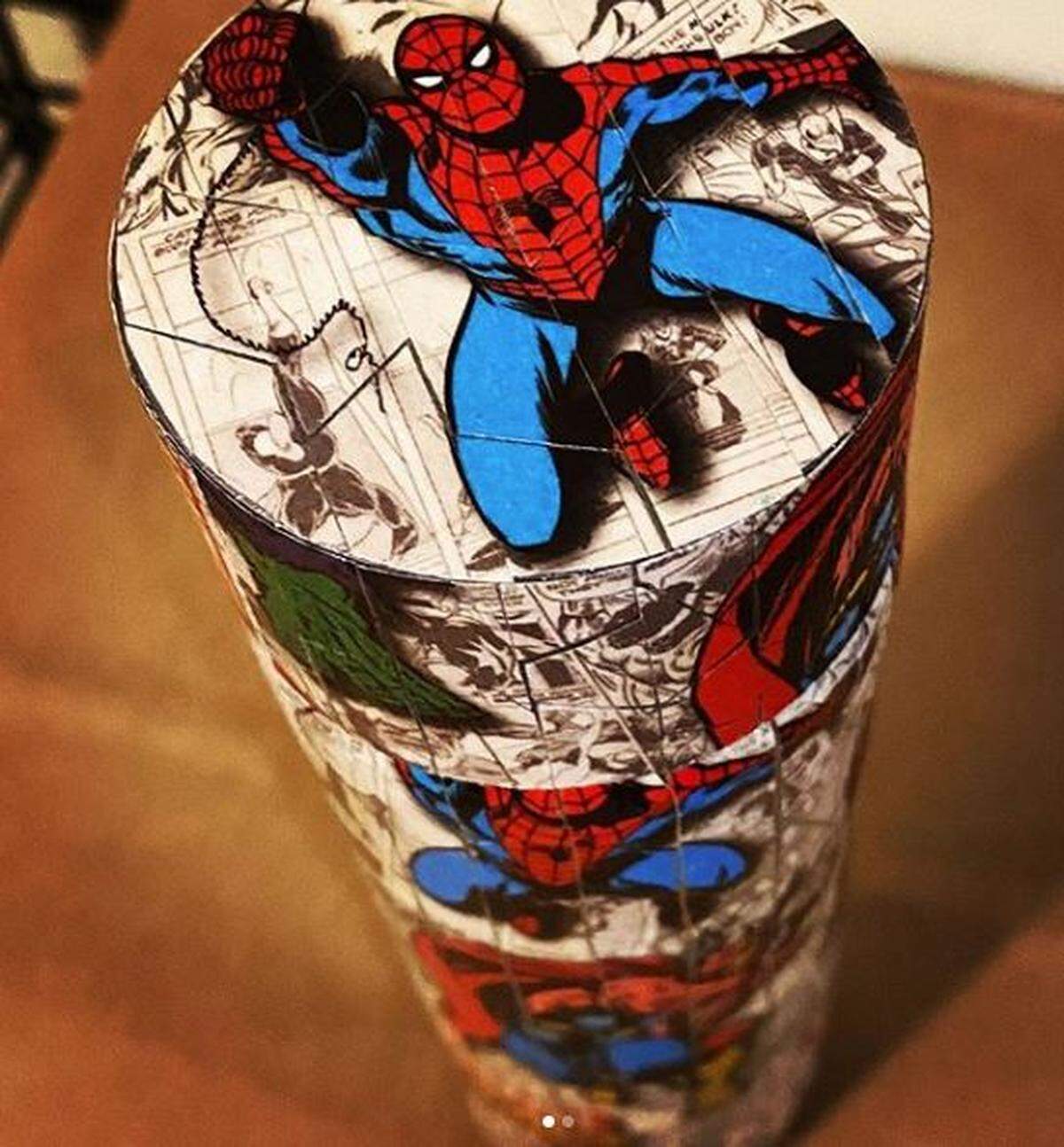 Mosaic water bottles designed from Laura Roher’s Elleezzdesigns run $25 for 12 ounce bottles, $30 for 27 ounce. Juan JJ Saldana loves the superhero themed bottles.