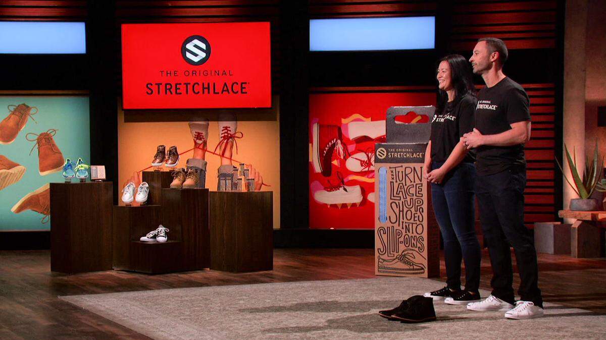 Jamie Montz and her husband, David, pitch her invention that allows shoes to be slipped on and off without retying the laces. They will appear Friday on the ABC-TV show, “Shark Tank.”