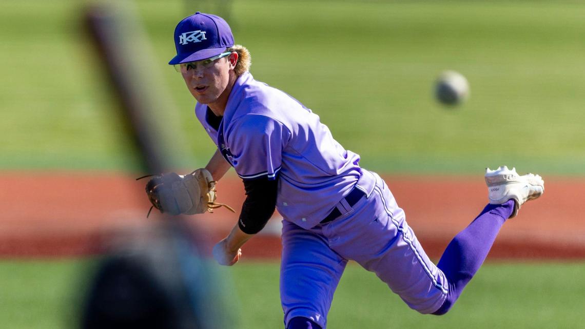 Rocky Mountain junior Lincoln Mathis pitches against Middleton in the first round of the Idaho 5A baseball state tournament Thursday at Wolfe Field in Caldwell.