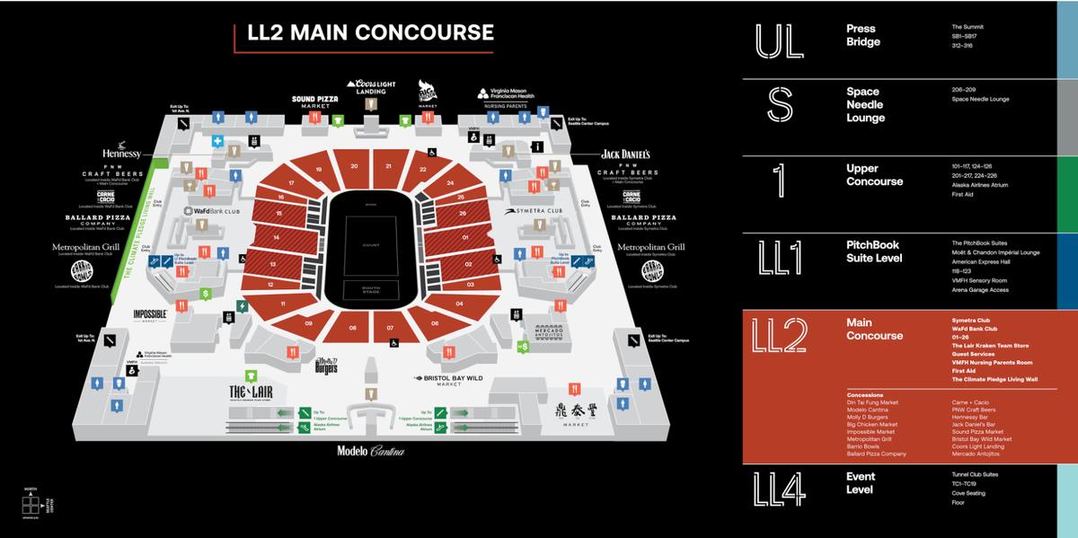 Venue map covering Climate Pledge Arena’s Main Concourse food and drink locations.