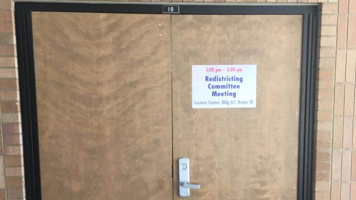 This door was as far as an AP reporter could make it into Thursday afternoon's Idaho Republican Party meeting on changing the state's redistricting commission.