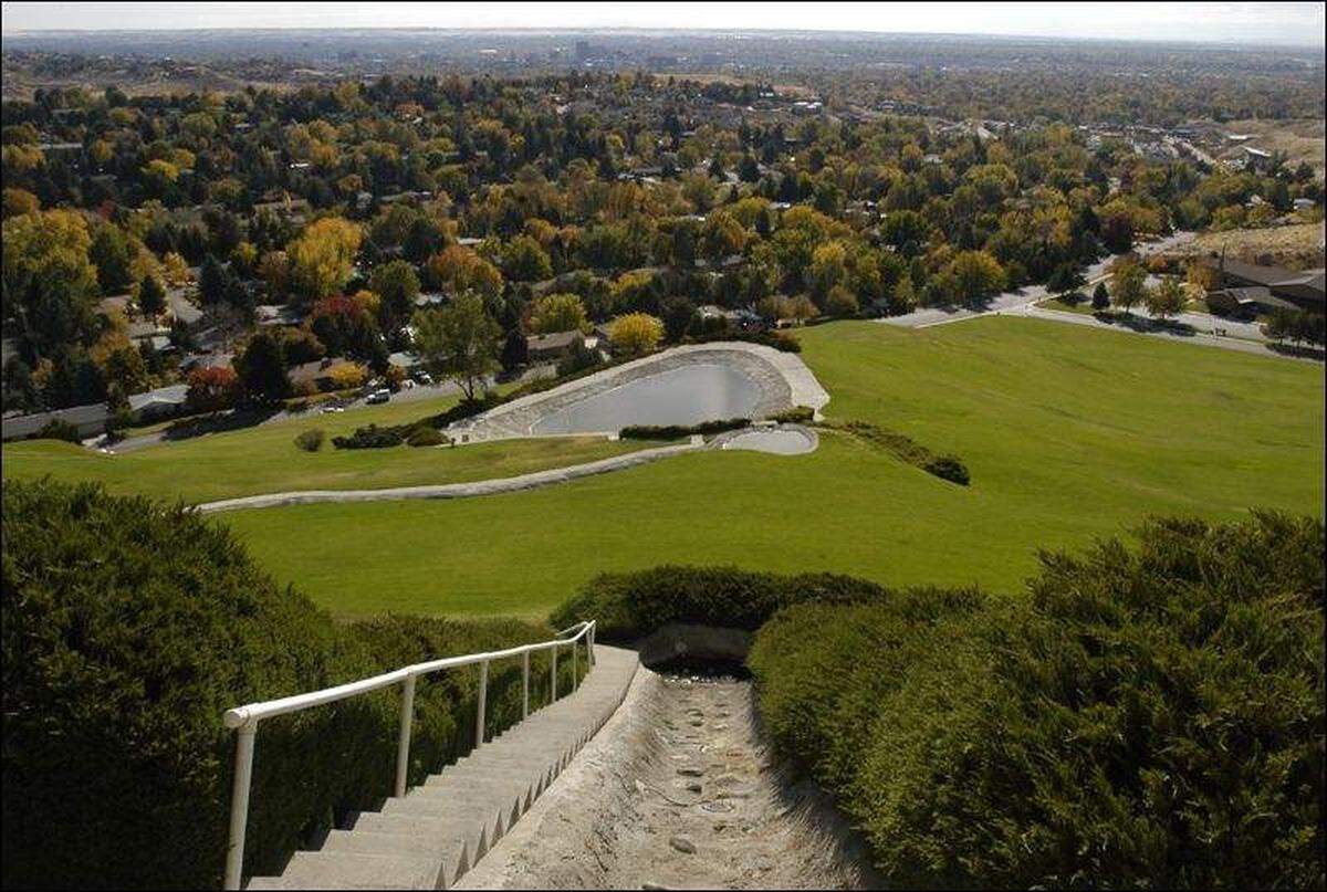 A view from the terrace of the former Simplot mansion atop the hill. would be hard to beat from anywhere in the Boise Foothills. The home’s famously manicured hill covered with green grass could be seen from all over Boise. The Simplots allowed kids of all ages to slide down the bottom portion of the hill on blocks of ice.