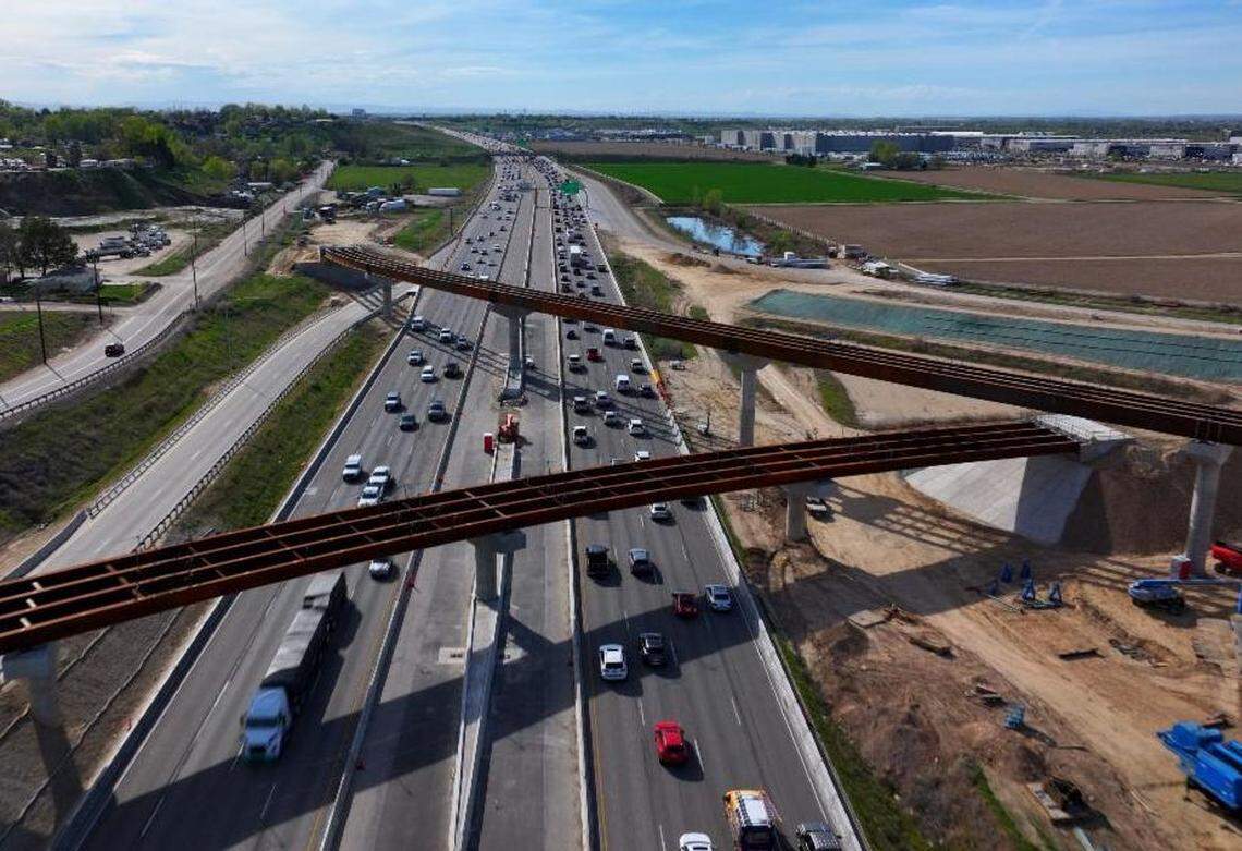 The new “flyover” interchange is taking shape over I-84 near the Meridian-Nampa border.