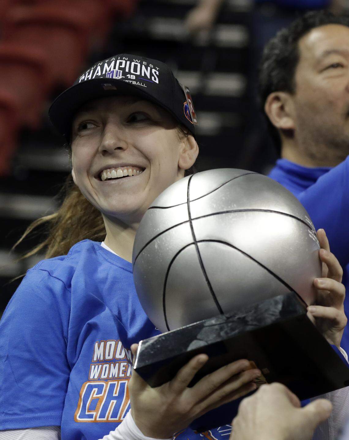Boise State’s Braydey Hodgins hoists the MVP trophy following the team’s 68-51 win over Wyoming in the Mountain West Tournament championship game March 13, 2019, at the Thomas & Mack Center in Las Vegas. Hodgins recently signed to play professionally in Germany.