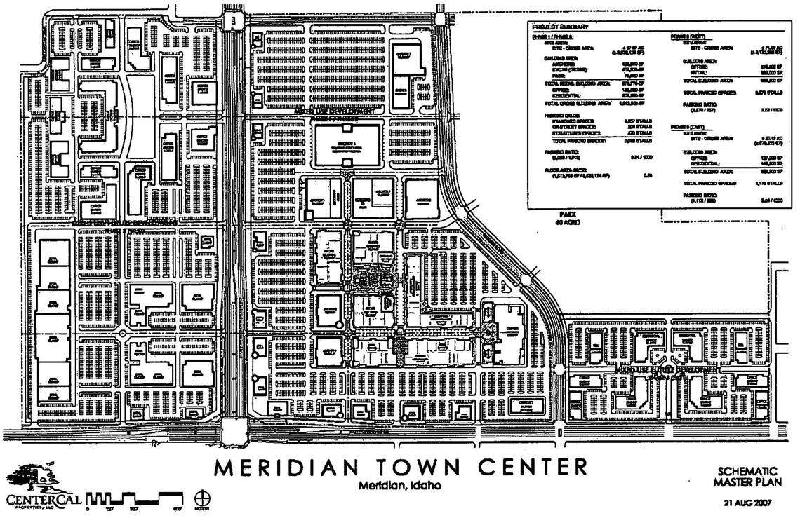 A concept plan for the Village from a 2007 development agreement between CenterCal and the city of Meridian. CenterCal’s Hugh Crawford says that after proposing an expansion with apartments in 2022, CenterCal is now planning to add more retail and restaurant instead.