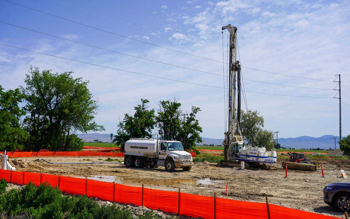 Crews work on a lift station along Can Ada Road that would extend Meridian’s sewer system west of Owyhee Storm Avenue and allow for development in the region. Construction includes adding roughly 17,800 linear feet of piping, over three miles, according to Meridian spokesperson Trevor Smith.
