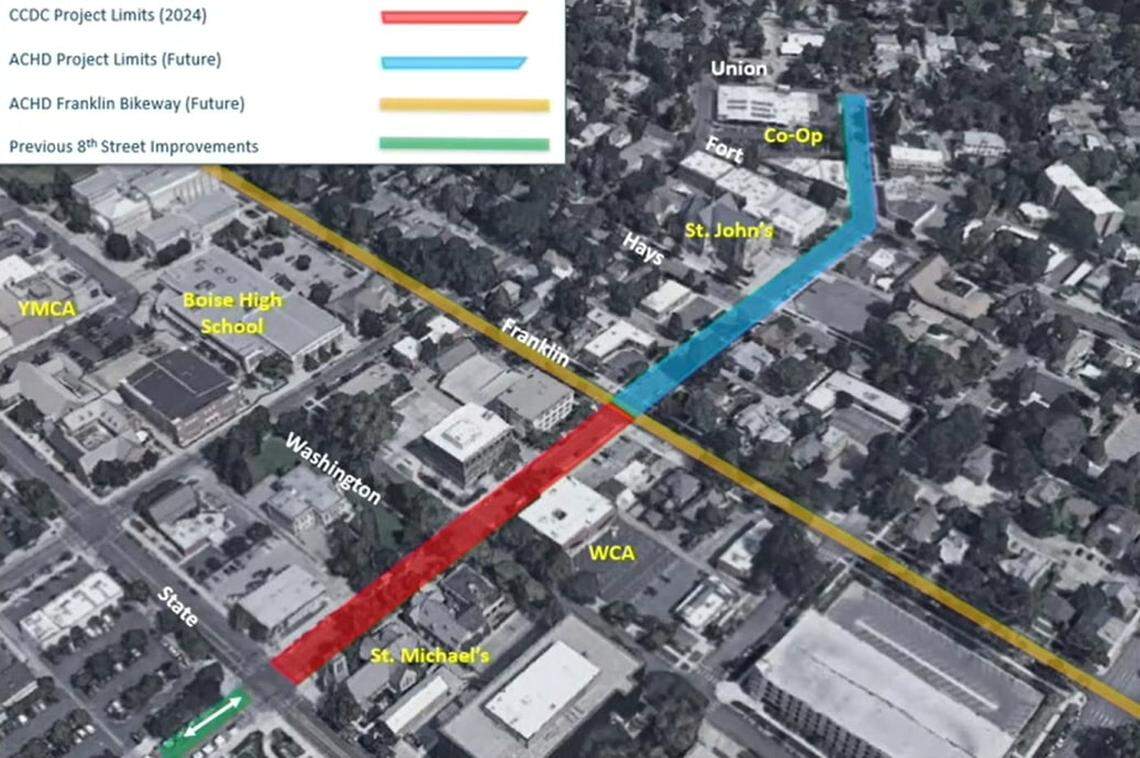 Improvements are planned on Boise’s 8th Street between State and Franklin streets. This map also shows the stretch of 8th Street north of Franklin where the Ada County Highway District plans eventual improvements, and a segment of 8th south of State where improvements already have been made.