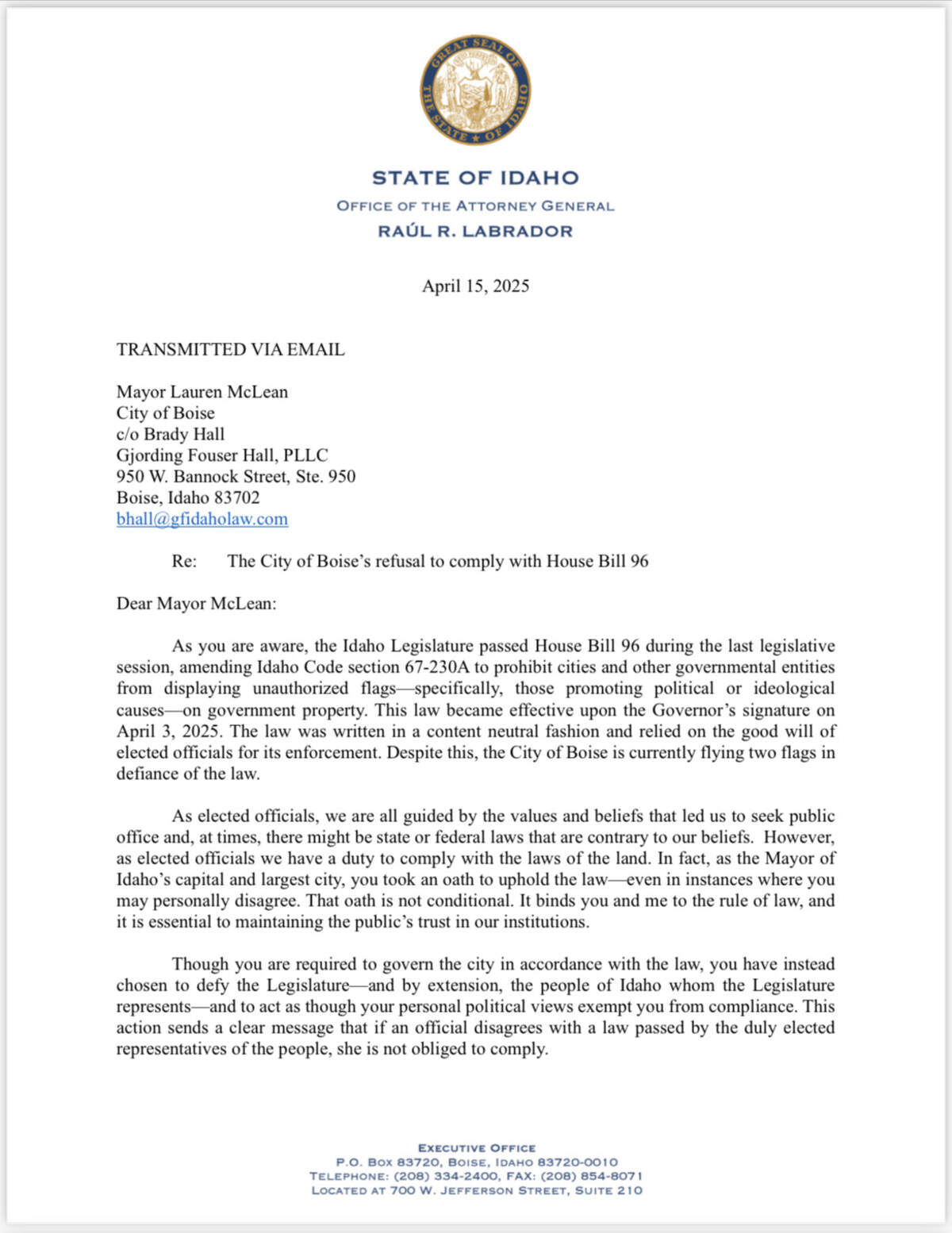 Raul Labrador letter to Lauren McLean 4-15-25 1st of 2 pages