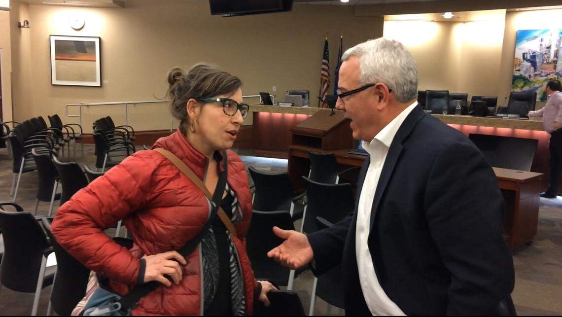 Are proposed apartments on Hill Road Parkway in Northwest Boise affordable housing or a threat to the area’s rural charm? Lori Dicaire, an activist who opposes the apartments, argues with Boise Mayor David Bieter, who supports them, after a City Council meeting Tuesday, Dec. 11, 2018.