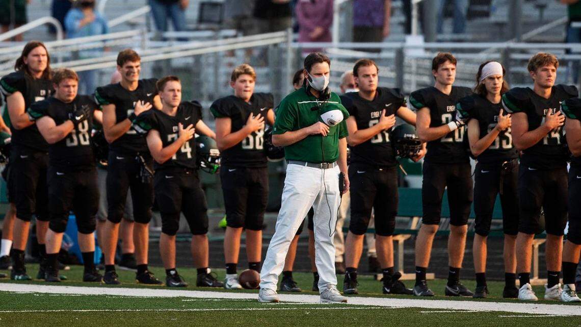 Eagle football coach John Hartz, pictured in 2020, has resigned after leading the Mustangs for four seasons.