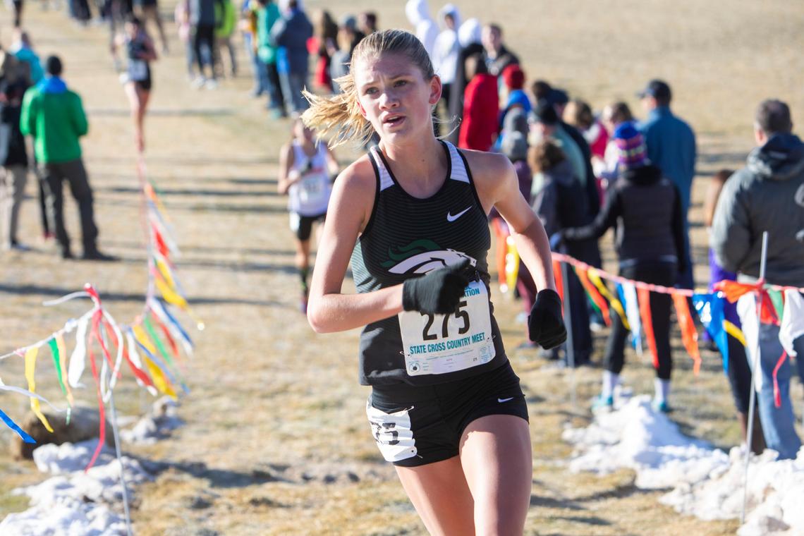 Eagle junior Lizzie Dildine was in second place for most of the course, but she rallied to win the 5A girls state cross country championship Saturday in Pocatello.