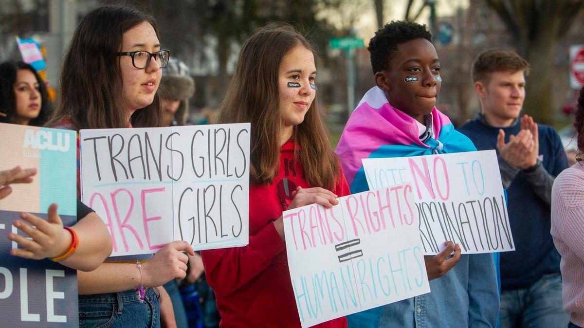 Rosie Wilson, left, came to this March rally at the Capitol in Boise in support of transgender rights. Her brother is transgender, as are some of her friends. “It’s really important that they get to experience school and society just like me,” she said. To her left is Savannah Wilson.
