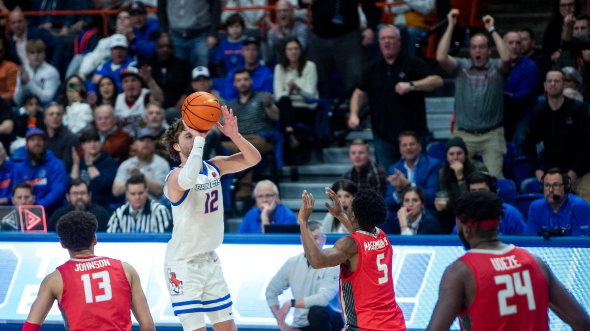 Boise State guard Max Rice hits a 3-pointer in the second half against Mountain West foe New Mexico on Wednesday at ExtraMile Arena in Boise. Rice finished with 30 points in the Broncos’ 82-77 win.