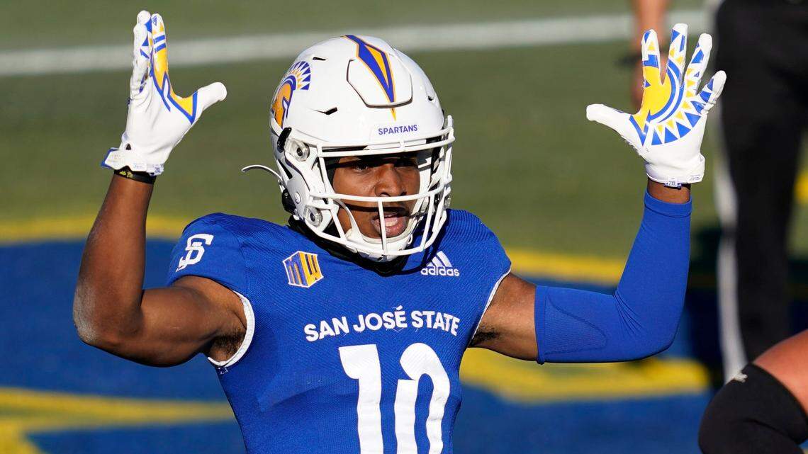 San Jose State wide receiver Tre Walker celebrates after scoring a touchdown against Boise State during the Mountain West championship game Saturday at Sam Boyd Stadium in Las Vegas. The Spartans won 34-20.