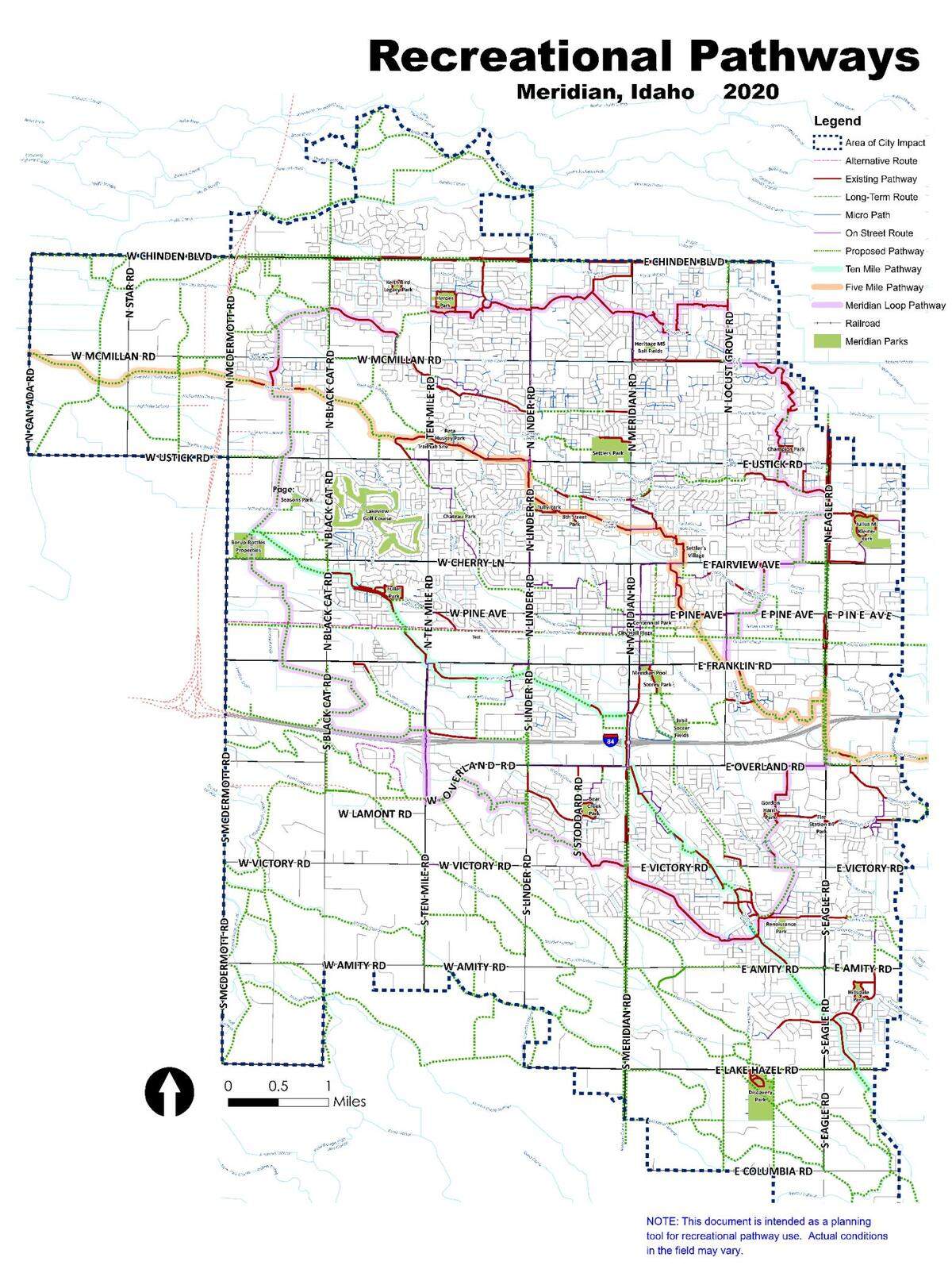 Notable paved trails include Five Mile Pathway, which starts near Overland and Cloverdale roads and ends at McMillan and Can Ada roads; Ten Mile Pathway, which begins near Lake Hazel and Eagle roads and ends near McDermott Road and Cherry Lane; and Meridian Loop, which goes around the city, south past Interstate 84 and north near Chinden Boulevard.​