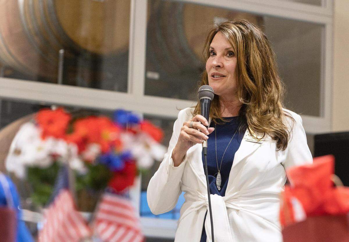 Lt. Gov. Janice McGeachin speaks during a meet-and-greet campaign fundraiser at a Caldwell-area winery in April.