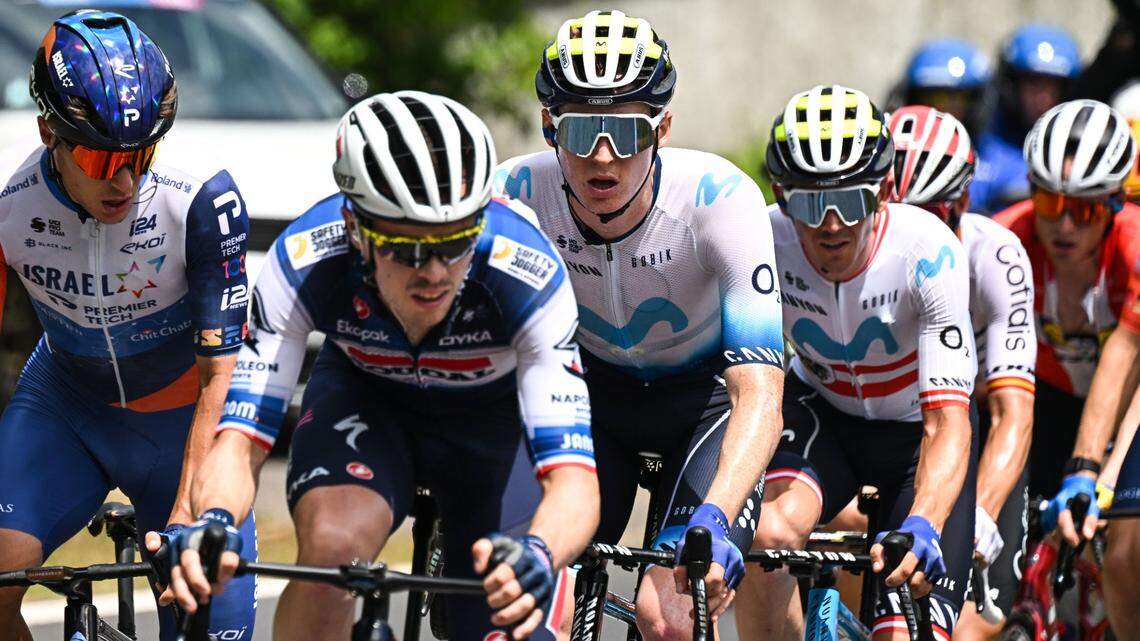 Boise High grad Matteo Jorgenson, center, pulled out of the Tour de France on Monday with a hamstring injury. He was involved in a crash Sunday.