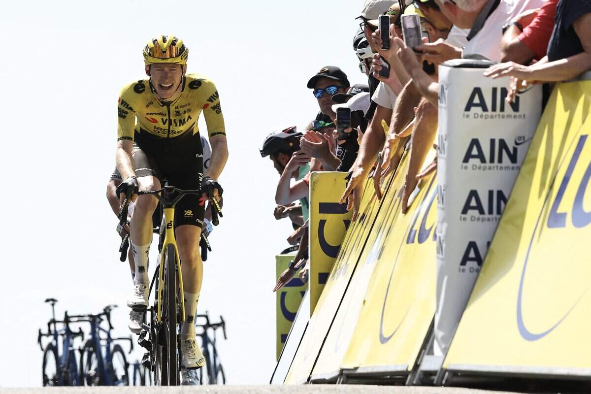 Boise High grad Matteo Jorgenson cycles to the finish line of the seventh stage of the Tour Auvergne-Rhone-Alpes cycling race in the French Alps on June 13. It was Jorgenson’s first race back since breaking his collarbone in April, and his only tuneup for the Tour de France.