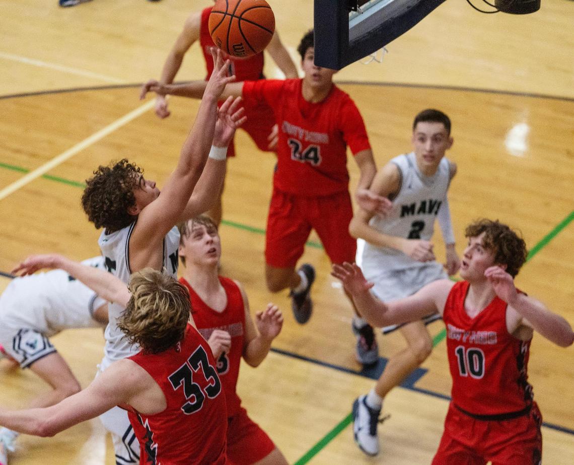 Mountain View’s Dyson Judd makes a basket during their game at home against Owyhee on Thursday, Jan. 5, 2023. Mountain View won 66-65.