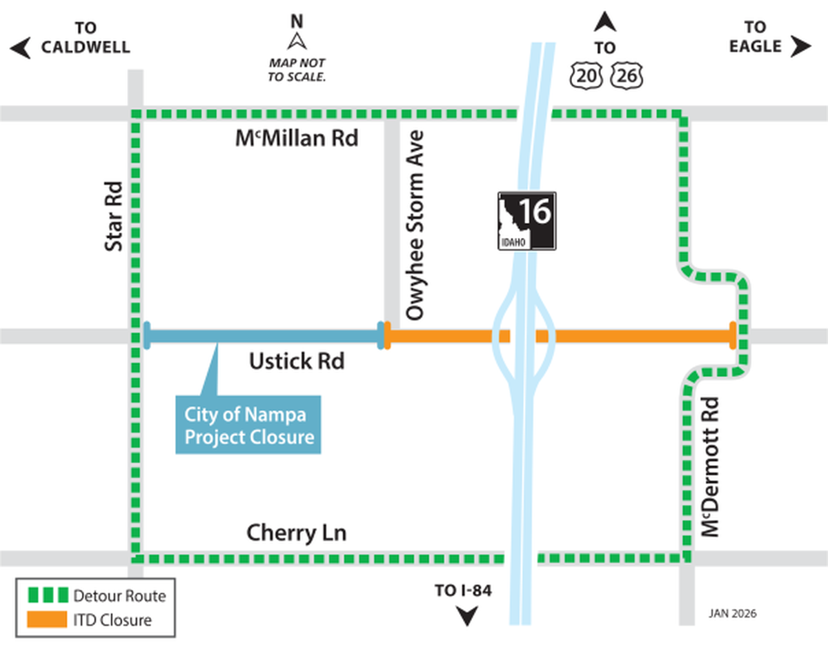 Detours are shown in dotted lines for planned closures along Ustick Road on Feb. 4 and Feb. 5.