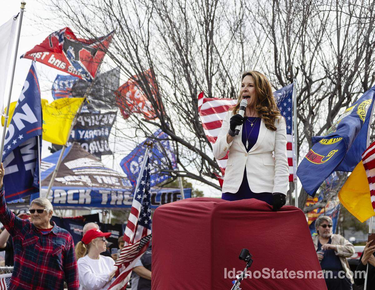 Idaho Lt. Governor Janice McGeachin speaks at a rally to support truckers and protest against COVID-19 vaccination mandates near the TA Travel Center and truck stop on Wednesday, March 2, 2022 in Boise.