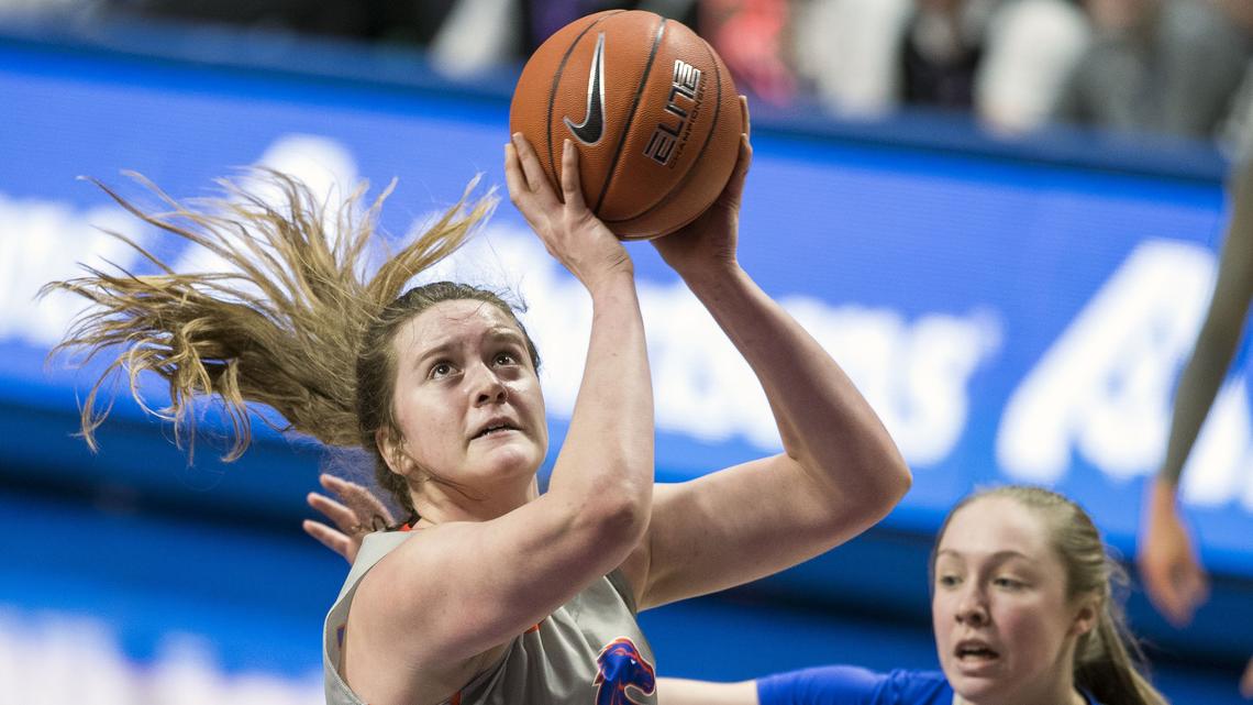 Boise State forward Rachel Bowers shoots from the post defended by Air Force’s Michaela McFalls on Jan. 23, 2019, at Taco Bell Arena in Boise.