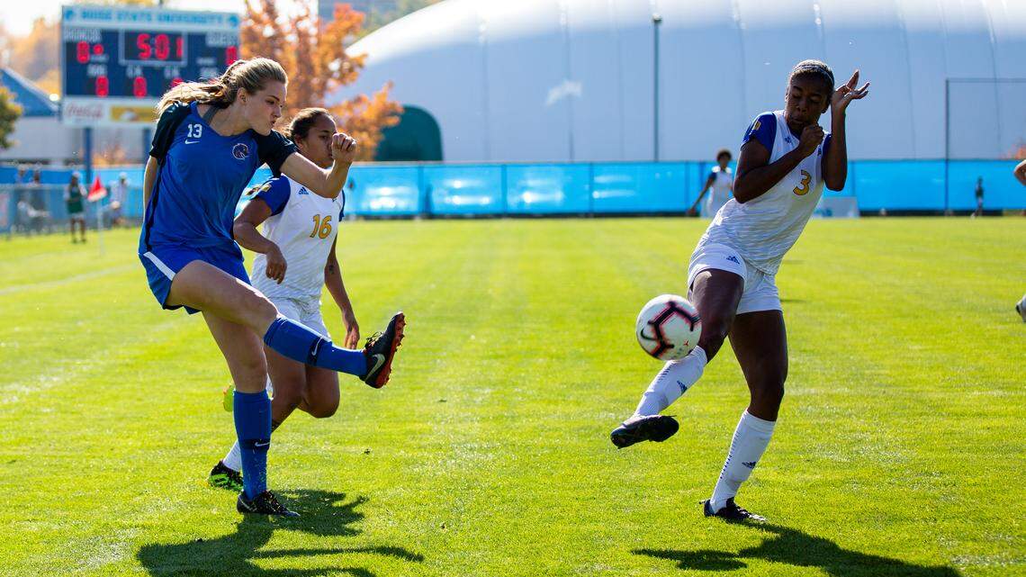 Boise State senior defender Allegra Weeks tries to push the ball upfield against San Jose State on Sunday at the Boas Soccer Complex in Boise. The game finished in a scoreless draw.