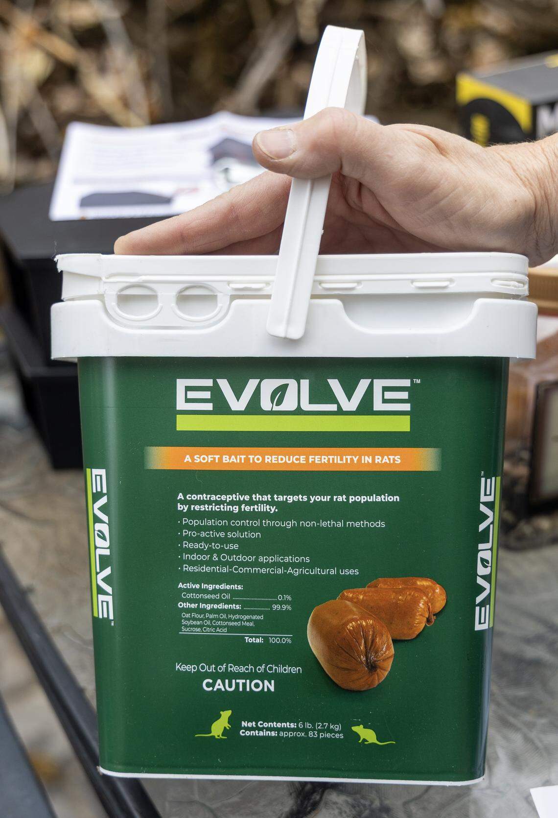 Evolve bait is a type of rodent birth control that lowers the fertility of rats to reduce population.