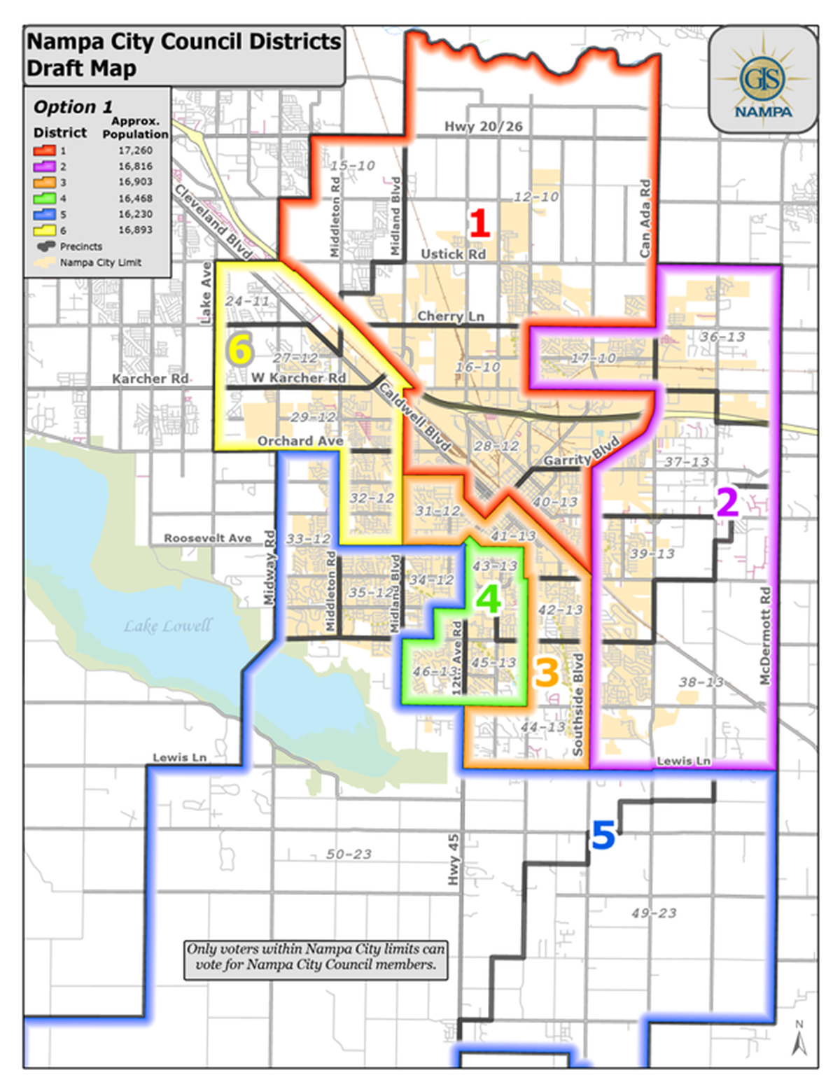 Nampa City Council districts are outlined in this map. District 5, outlined in blue, covers Southwest Nampa.