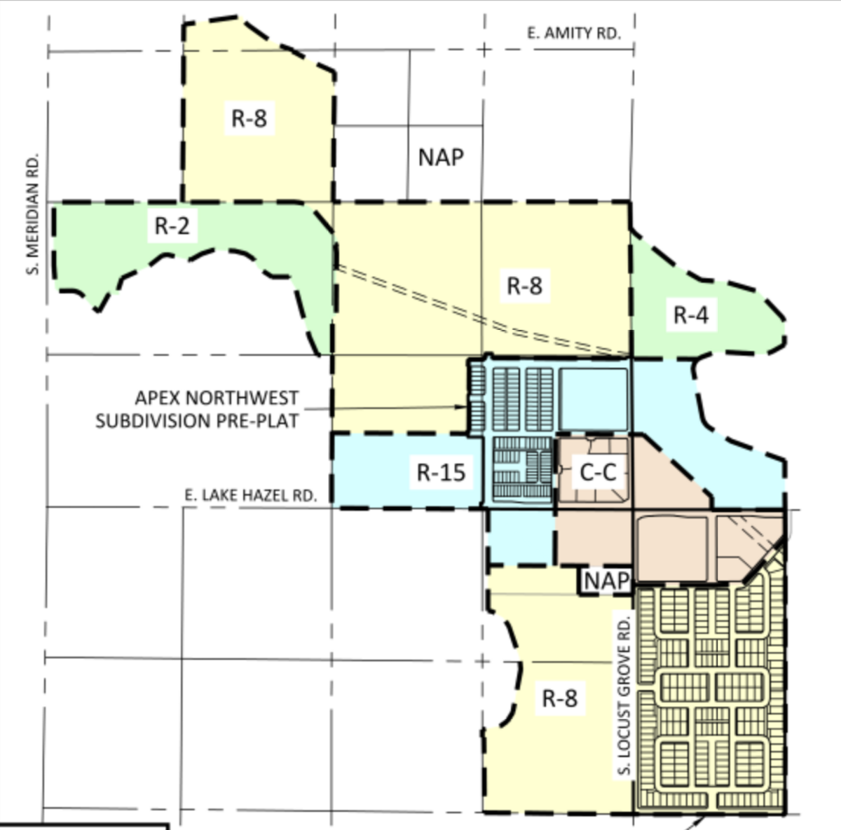 A zoning map for the 600-acre subdivision Pinnacle, also called “Apex” in planning documents. Commercial development would be centered at the intersection of Locust Grove and Lake Hazel roads, and be surrounded with higher-density housing, with lower density housing located further from the intersections.