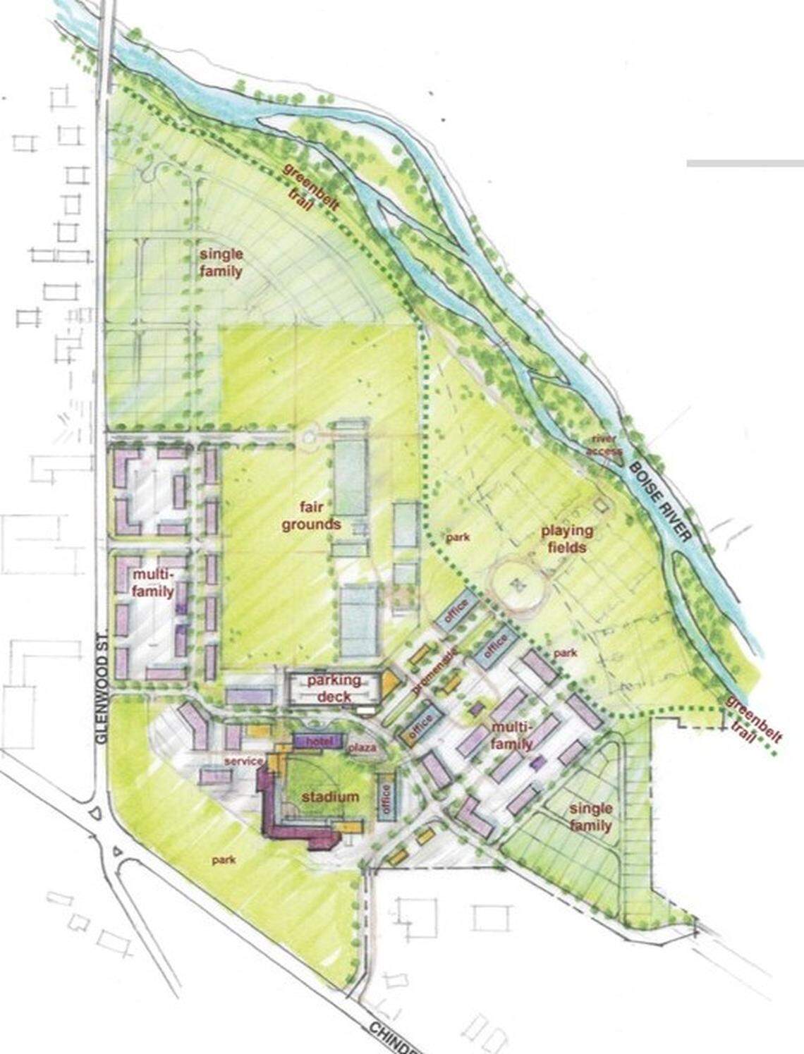Some housing would be concentrated along Glenwood Street, with single-family housing replacing an RV park near the Boise River and multifamily housing just west of the main fairgrounds area, which would remain. Additional housing would replace the Les Bois Park horse-racing track. A parking deck would be built immediately north of the stadium. Babcock Design via Agon Sports & Entertainment.
