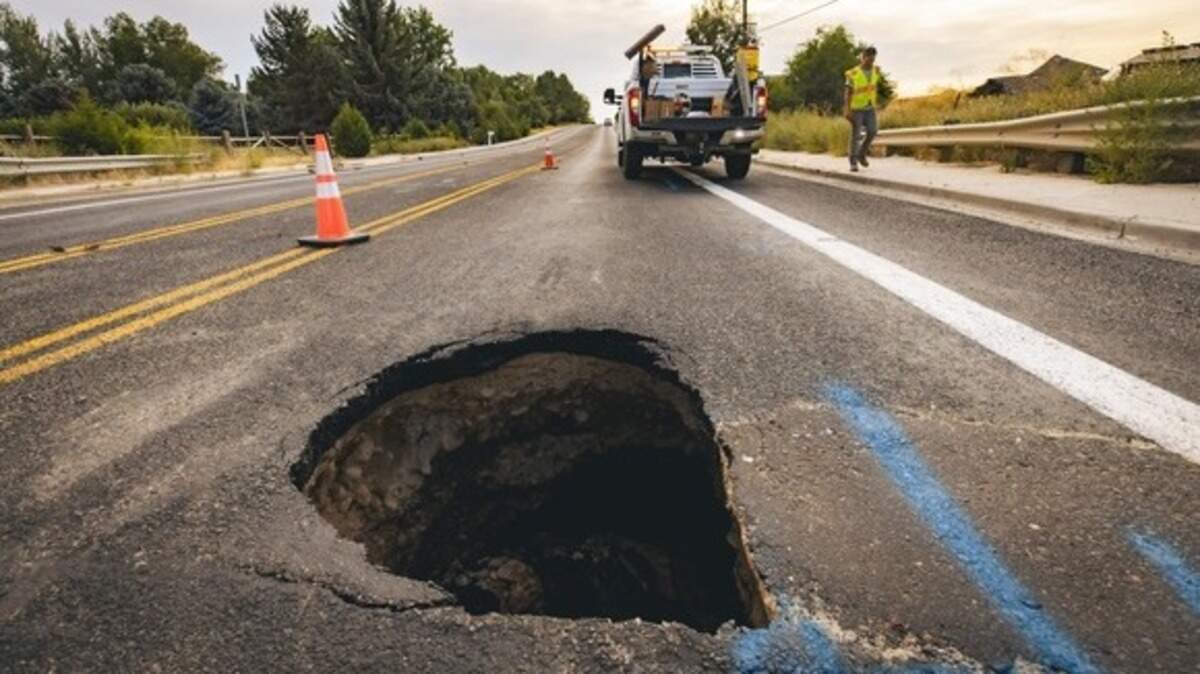 The sinkhole, formed early Wednesday evening, has a surface opening at about 3 feet in diameter and extends roughly 7 feet underground.