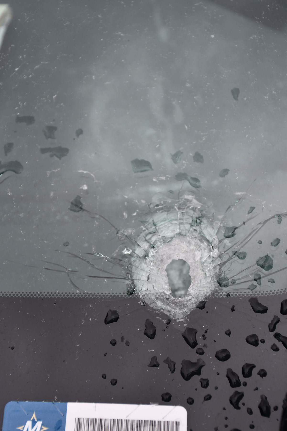 This photo shows the windshield of a patrol vehicle after Jacob Bergquist shot at it during the Boise Towne Square mall shooting on Monday, according to Boise police.