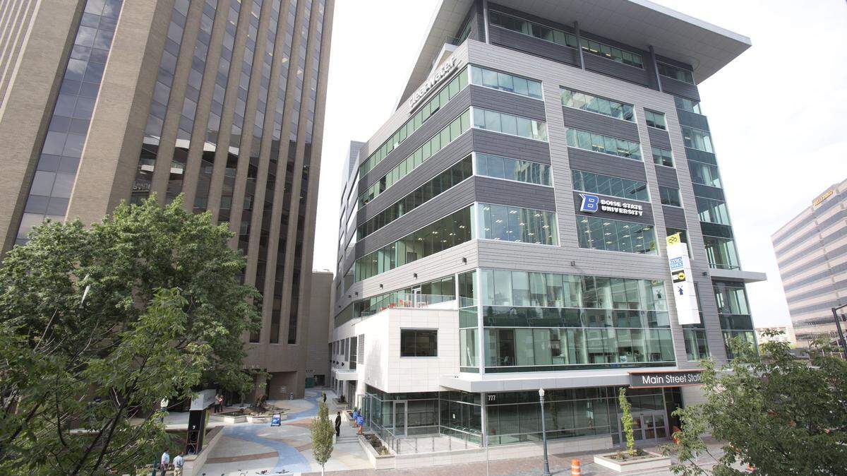 The Clearwater Building, right, which opened in 2016, includes offices for Clearwater Analytics and is home to the Boise State University computer science department. Valley Regional Transit operates a bus terminal beneath the building, and it includes convention meeting rooms for Boise Centre East. The U.S. Bank Plaza, left, which opened in 1978, has offices for more than 30 companies.