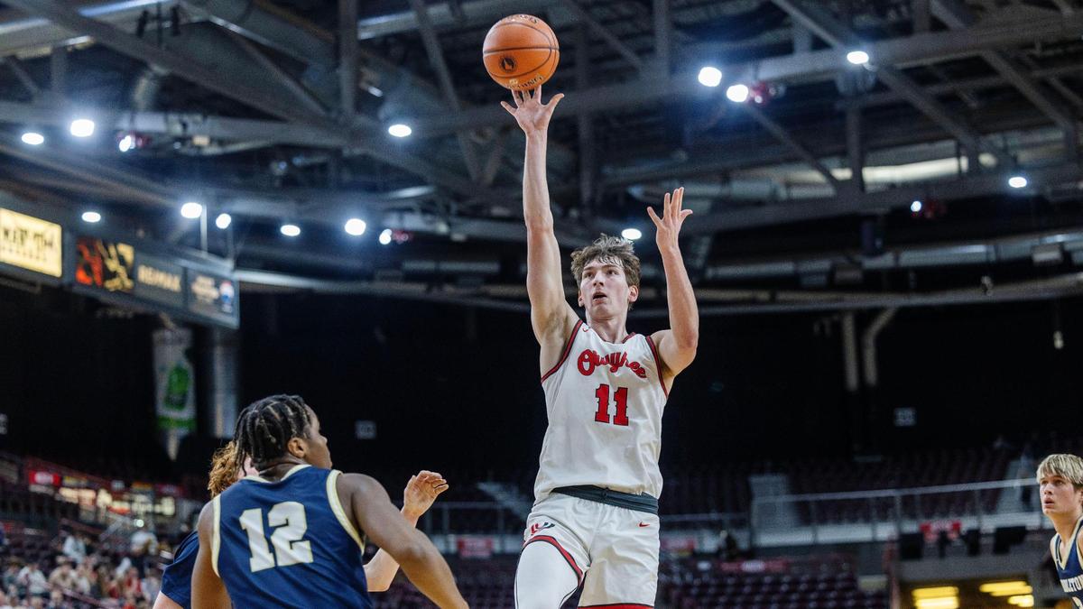 Owyhee junior Jackson Rasmussen scored 20 points in a 62-38 win over Middleton in the first round of the 5A boys basketball state tournament game Thursday at the Ford Idaho Center in Nampa.
