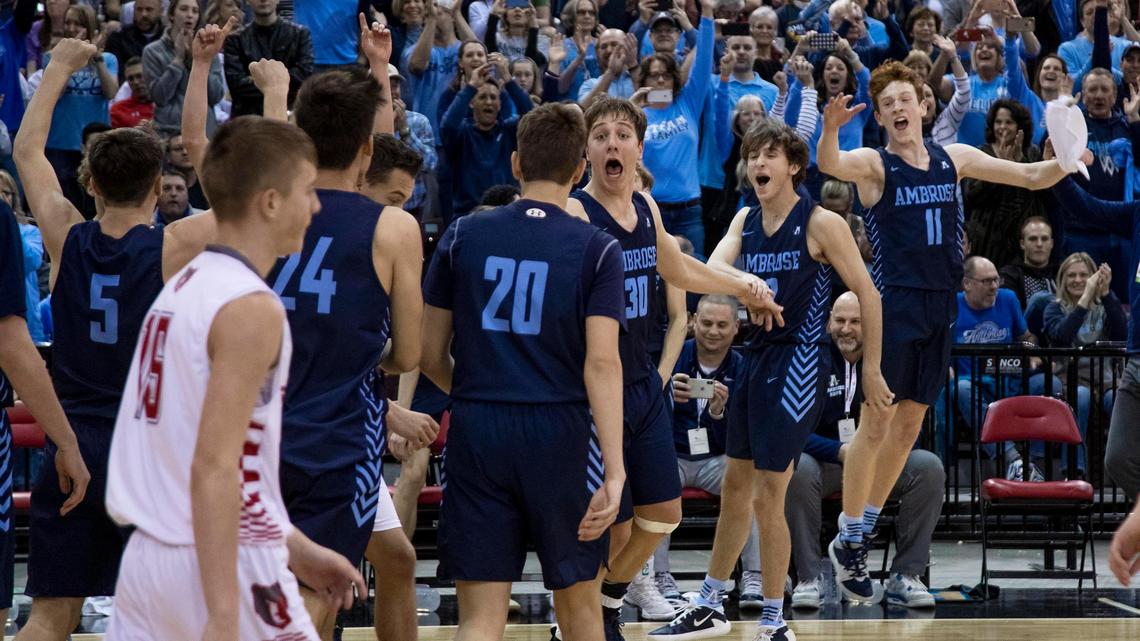Ambrose celebrates at the buzzer after defeating Grace 49-27 for the 1A Division I boys basketball state championship Saturday at the Ford Idaho Center in Nampa.