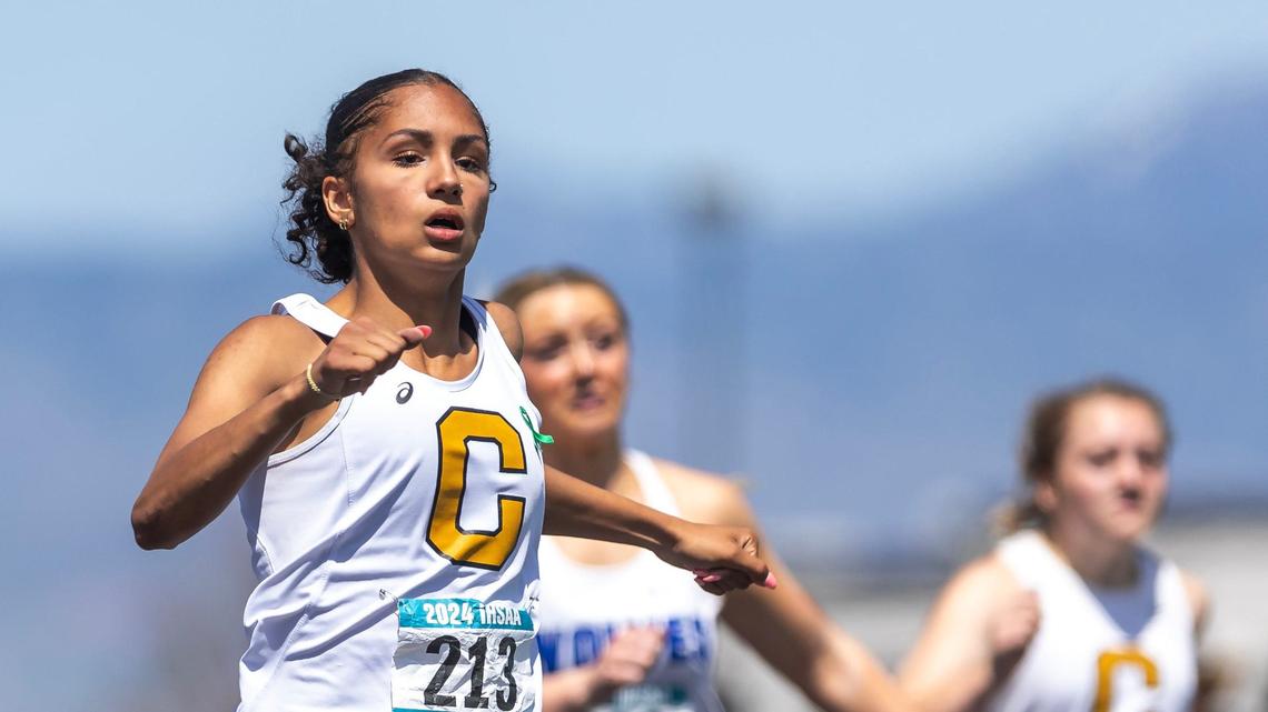 Capital’s Christine Huckins comes in first place in the 100 meters at the Idaho high school state track and field championships last May at Mountain View High School.