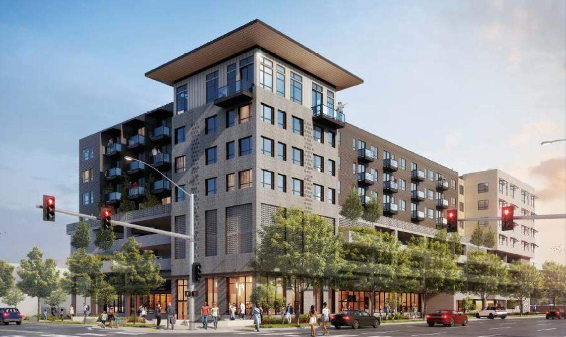 This artist’s rendering shows the proposed Boise Caddis apartments at the corner of 3rd and Myrtle streets.