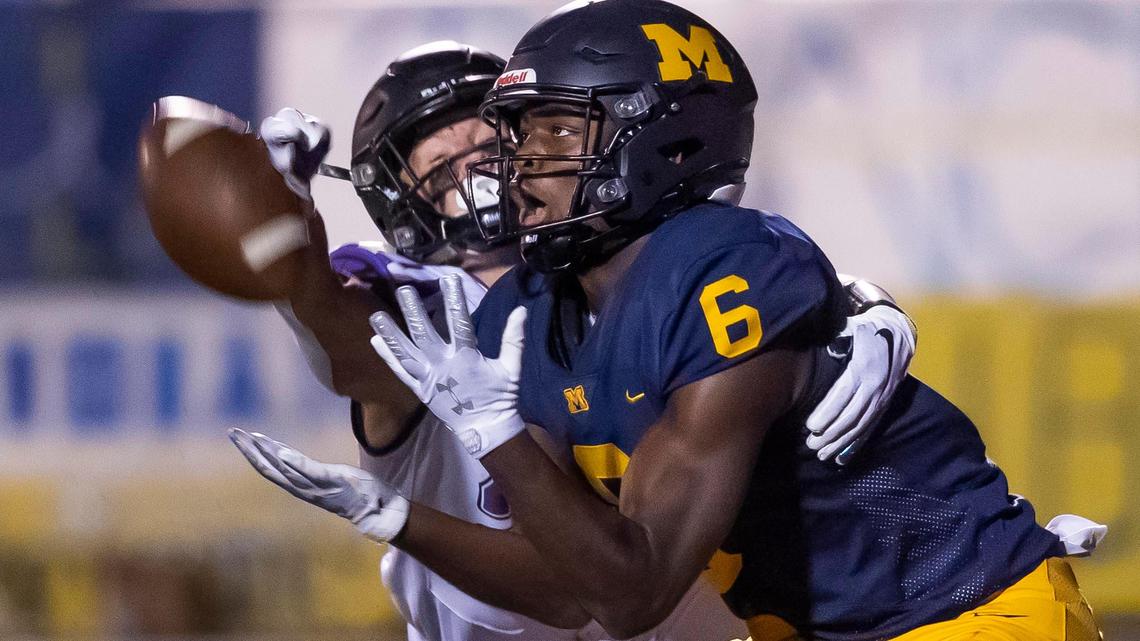 Rocky Mountain defensive back Beaux Taylor bats away a pass in the end zone intended for Meridian’s Davis Thacker in the fourth quarter Friday, Oct. 16, 2020 at Meridian High School.