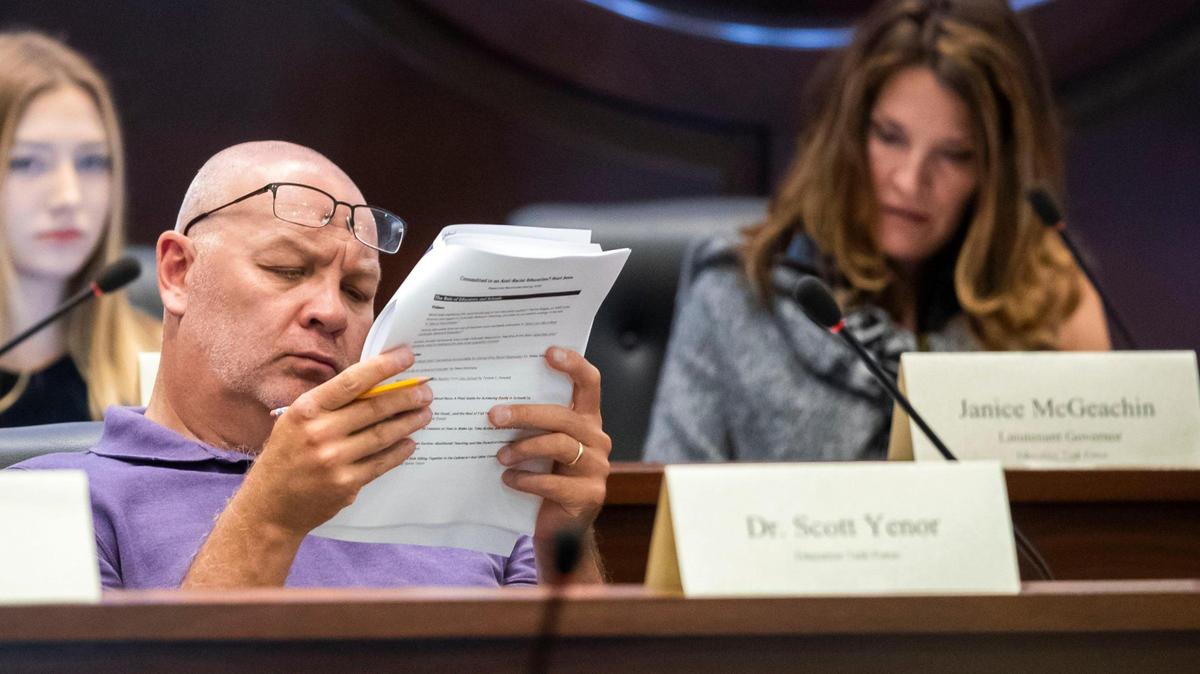 Scott Yenor, shown in this June 2021 file photo at the education indoctrination task force in the Lincoln Auditorium of the Idaho Statehouse in Boise, has come under fire for a speech in which he disparaged women and feminism.